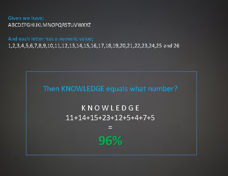 Given we have; ABCDEFGHIJKLMNOPQRSTUVWXYZ And each letter has a numeric value; 1, 2, 3,
