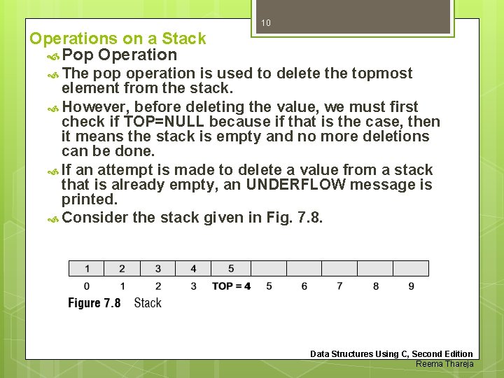 10 Operations on a Stack Pop Operation The pop operation is used to delete 10 Operations on a Stack Pop Operation The pop operation is used to delete