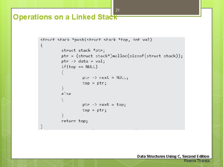 21 Operations on a Linked Stack Data Structures Using C, Second Edition Reema Thareja 21 Operations on a Linked Stack Data Structures Using C, Second Edition Reema Thareja