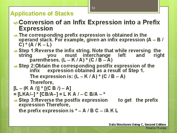 52 Applications of Stacks Conversion Expression of an Infix Expression into a Prefix The 52 Applications of Stacks Conversion Expression of an Infix Expression into a Prefix The