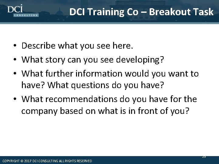 DCI Training Co – Breakout Task • Describe what you see here. • What