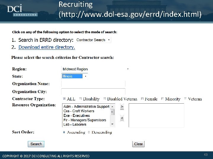 Recruiting (http: //www. dol-esa. gov/errd/index. html) COPYRIGHT © 2017 DCI CONSULTING ALL RIGHTS RESERVED