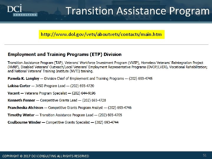 Transition Assistance Program http: //www. dol. gov/vets/aboutvets/contacts/main. htm COPYRIGHT © 2017 DCI CONSULTING ALL