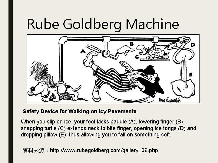 Rube Goldberg Machine Safety Device for Walking on Icy Pavements When you slip on