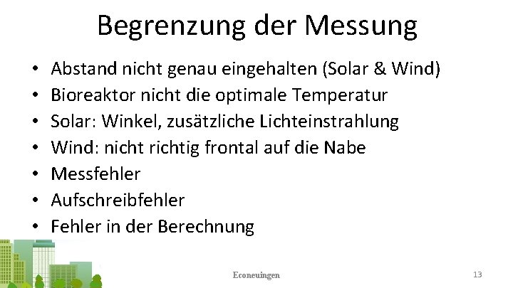 Begrenzung der Messung • • Abstand nicht genau eingehalten (Solar & Wind) Bioreaktor nicht