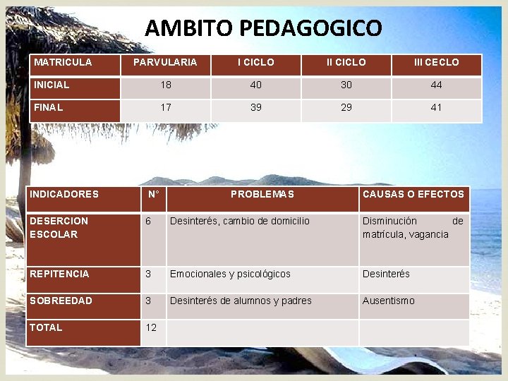 AMBITO PEDAGOGICO MATRICULA PARVULARIA I CICLO III CECLO INICIAL 18 40 30 44 FINAL