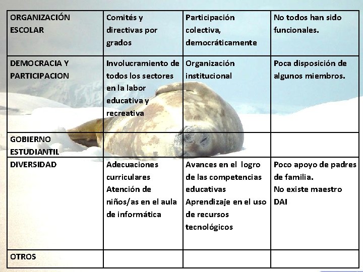 ORGANIZACIÓN ESCOLAR Comités y directivas por grados DEMOCRACIA Y PARTICIPACION Involucramiento de Organización todos