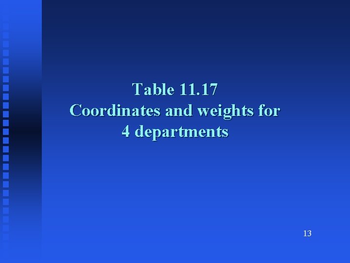 Table 11. 17 Coordinates and weights for 4 departments 13 