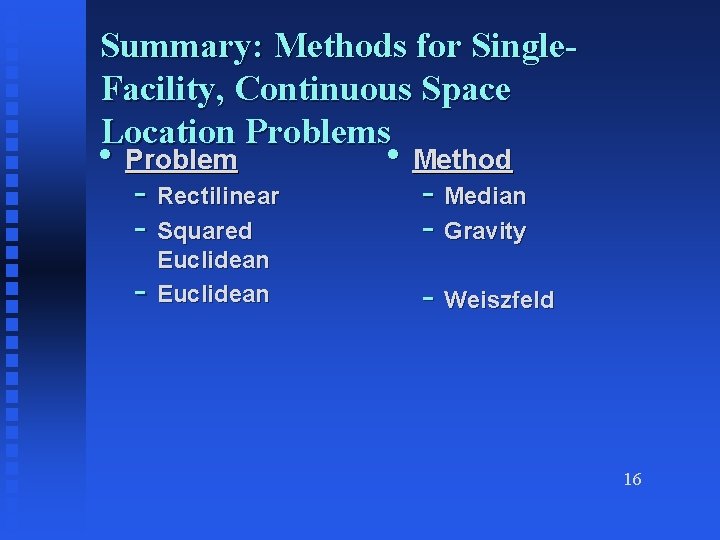Summary: Methods for Single. Facility, Continuous Space Location Problems • Problem - Rectilinear -