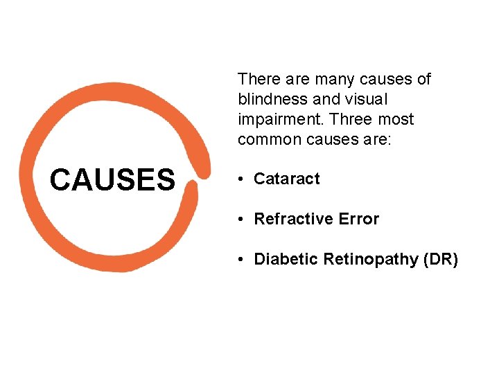 There are many causes of blindness and visual impairment. Three most common causes are: