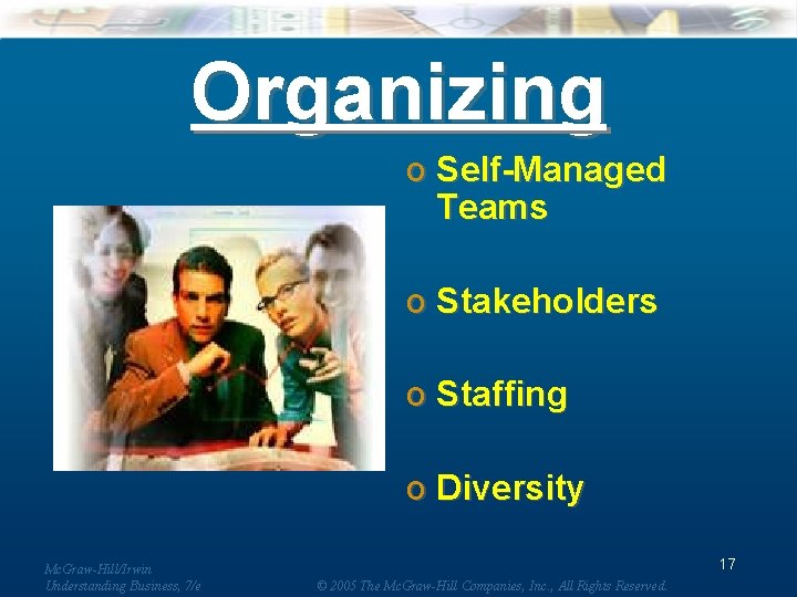 Organizing o Self-Managed Teams o Stakeholders o Staffing o Diversity Mc. Graw-Hill/Irwin Understanding Business,