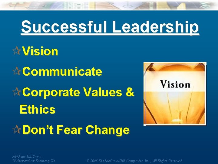 Successful Leadership ¶Vision ¶Communicate ¶Corporate Values & Ethics ¶Don’t Fear Change Mc. Graw-Hill/Irwin Understanding