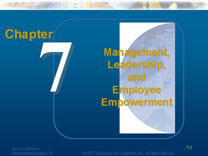 7 Chapter Mc. Graw-Hill/Irwin Understanding Business, 7/e Management, Leadership, and Employee Empowerment 7 -2