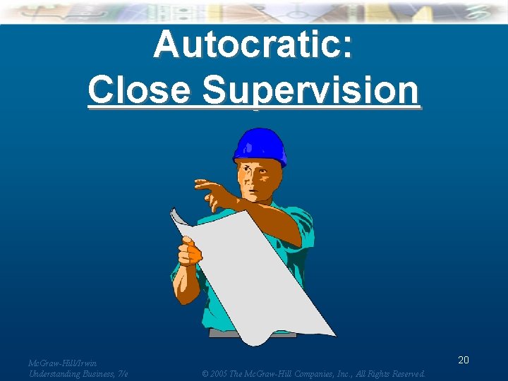 Autocratic: Close Supervision Mc. Graw-Hill/Irwin Understanding Business, 7/e 20 © 2005 The Mc. Graw-Hill