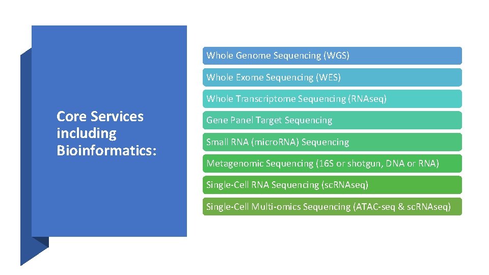 Whole Genome Sequencing (WGS) Whole Exome Sequencing (WES) Whole Transcriptome Sequencing (RNAseq) Core Services