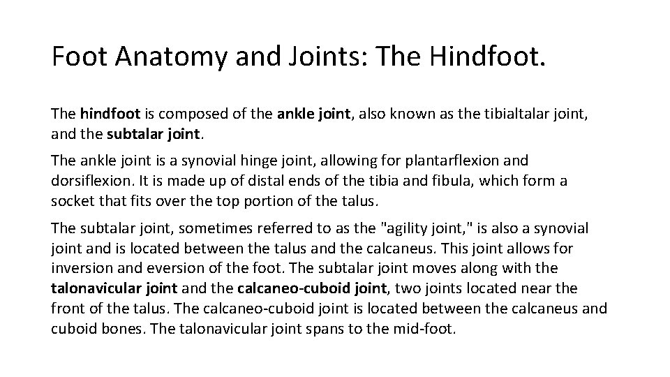 Foot Anatomy and Joints: The Hindfoot. The hindfoot is composed of the ankle joint,