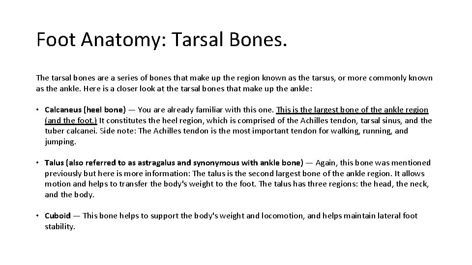 Foot Anatomy: Tarsal Bones. The tarsal bones are a series of bones that make