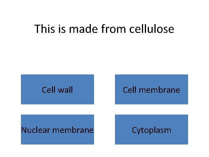 This is made from cellulose Cell wall Cell membrane Nuclear membrane Cytoplasm 