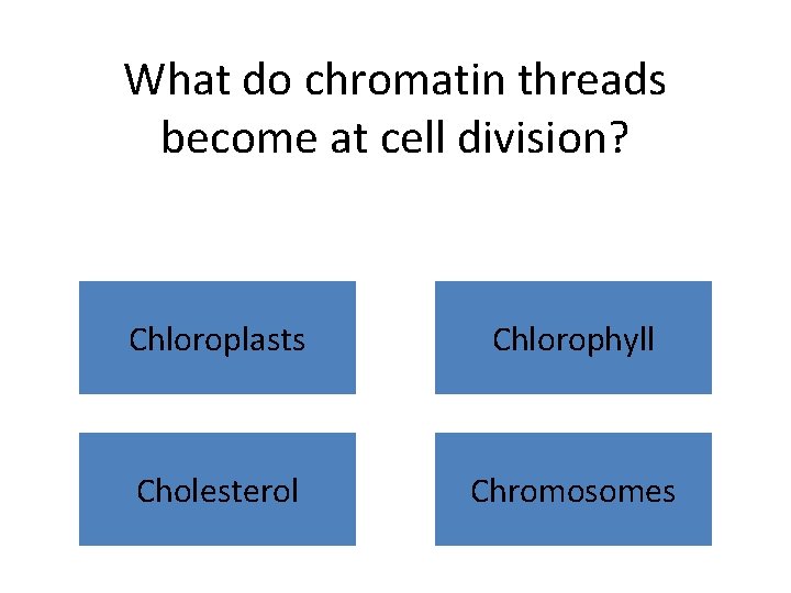 What do chromatin threads become at cell division? Chloroplasts Chlorophyll Cholesterol Chromosomes 