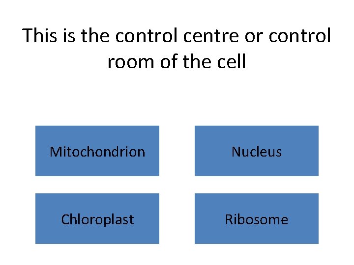 This is the control centre or control room of the cell Mitochondrion Nucleus Chloroplast