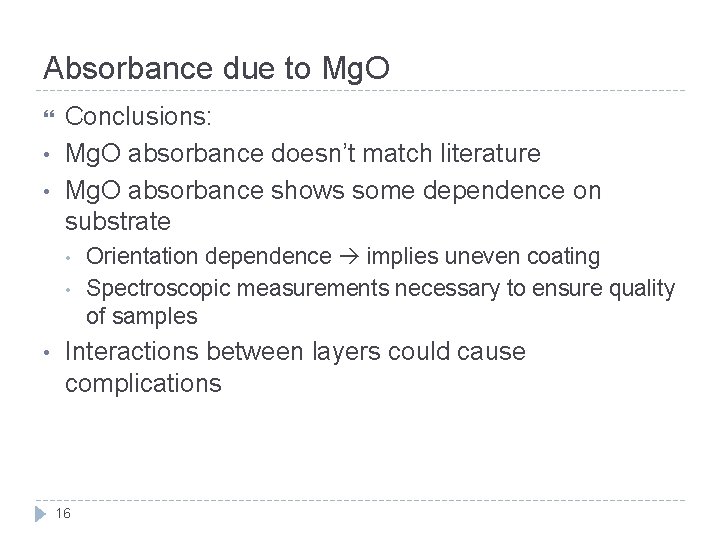 Absorbance due to Mg. O • • Conclusions: Mg. O absorbance doesn’t match literature