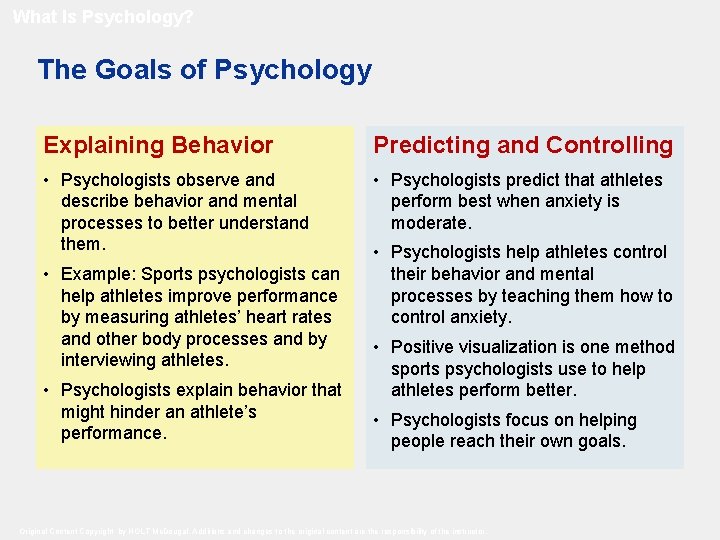 What Is Psychology? The Goals of Psychology Explaining Behavior Predicting and Controlling • Psychologists