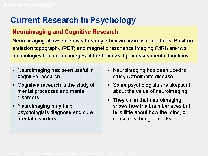 What Is Psychology? Current Research in Psychology Neuroimaging and Cognitive Research Neuroimaging allows scientists