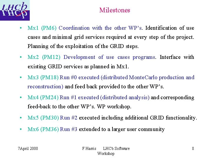 Milestones • Mx 1 (PM 6) Coordination with the other WP’s. Identification of use