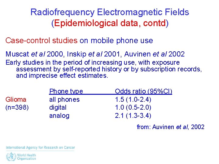 Radiofrequency Electromagnetic Fields (Epidemiological data, contd) Case-control studies on mobile phone use Muscat et