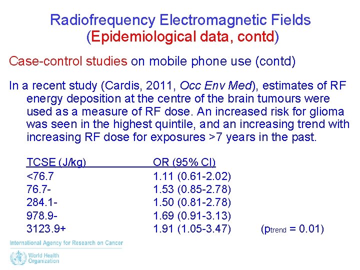 Radiofrequency Electromagnetic Fields (Epidemiological data, contd) Case-control studies on mobile phone use (contd) In