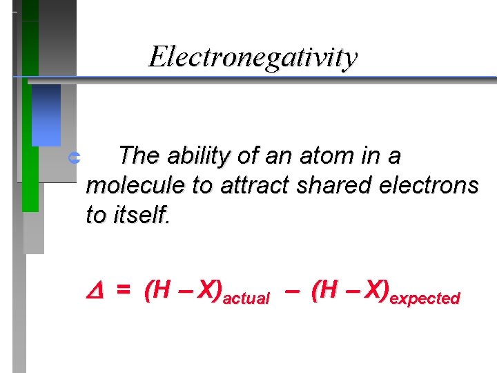 Electronegativity Û The ability of an atom in a molecule to attract shared electrons