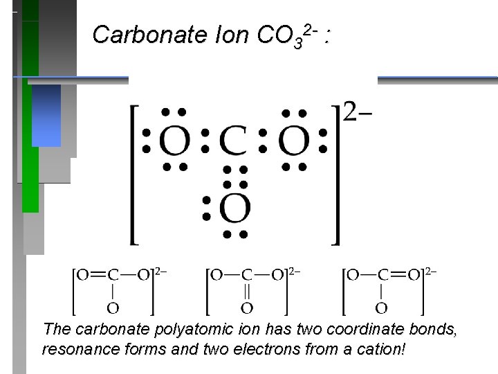 Carbonate Ion CO 32 - : The carbonate polyatomic ion has two coordinate bonds,