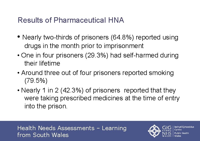 Results of Pharmaceutical HNA • Nearly two-thirds of prisoners (64. 8%) reported using drugs