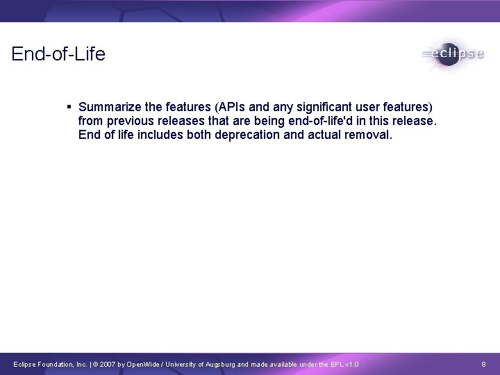 End-of-Life Summarize the features (APIs and any significant user features) from previous releases that