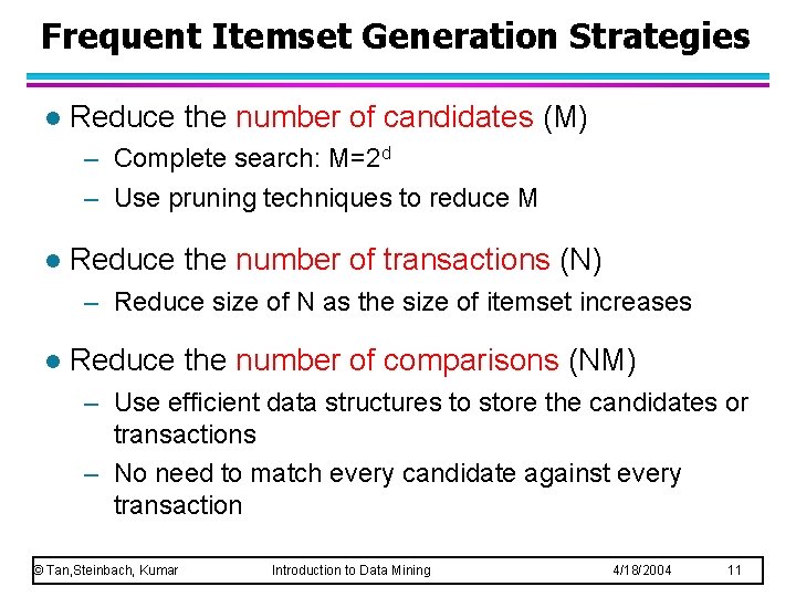 Frequent Itemset Generation Strategies l Reduce the number of candidates (M) – Complete search:
