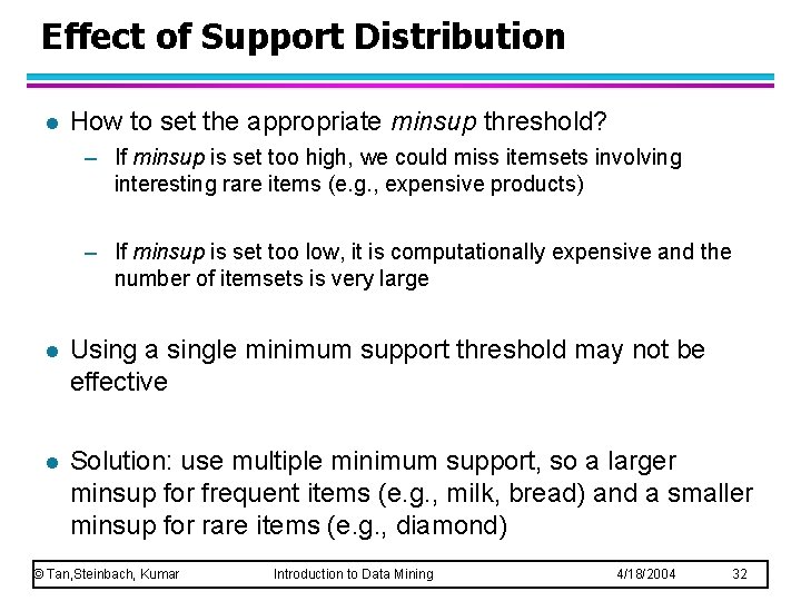 Effect of Support Distribution l How to set the appropriate minsup threshold? – If