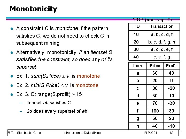 Monotonicity TDB (min_sup=2) l l A constraint C is monotone if the pattern satisfies