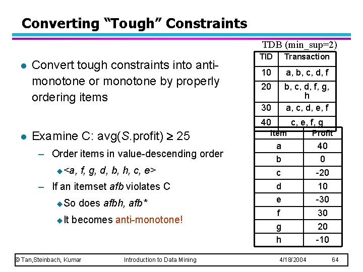 Converting “Tough” Constraints TDB (min_sup=2) l l Convert tough constraints into antimonotone or monotone