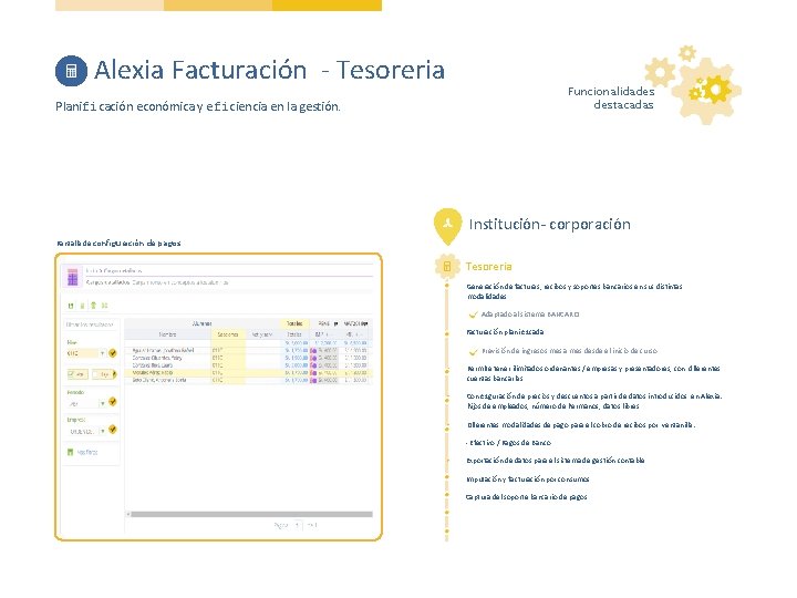 Alexia Facturación - Tesoreria Funcionalidades destacadas Planificación económica y eficiencia en la gestión. Institución-