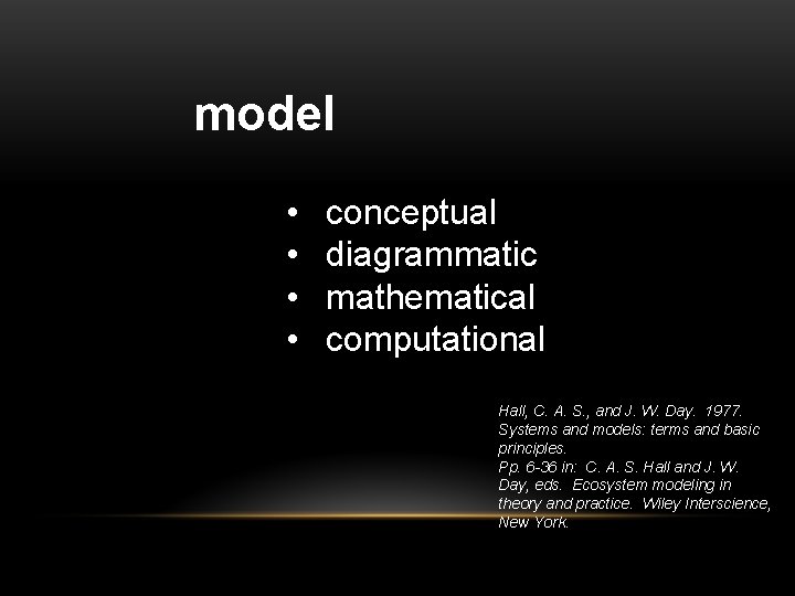model • • conceptual diagrammatic mathematical computational Hall, C. A. S. , and J.