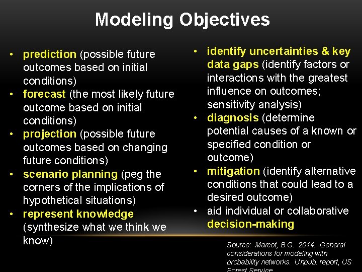 Modeling Objectives • prediction (possible future outcomes based on initial conditions) • forecast (the