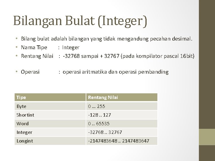 Bilangan Bulat (Integer) • Bilang bulat adalah bilangan yang tidak mengandung pecahan desimal. •