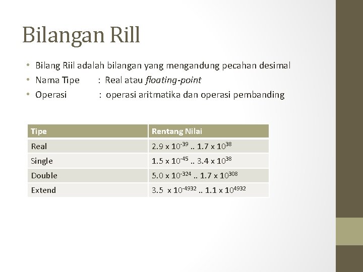 Bilangan Rill • Bilang Riil adalah bilangan yang mengandung pecahan desimal • Nama Tipe