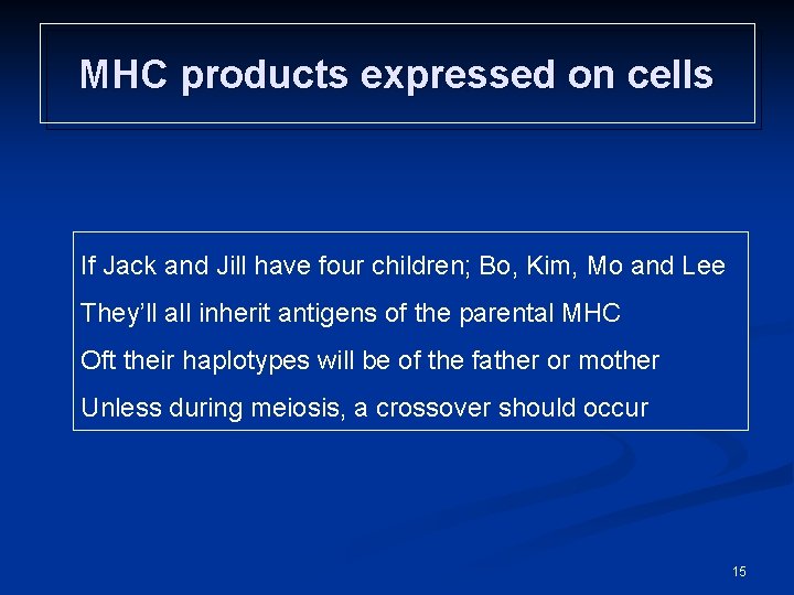 MHC products expressed on cells If Jack and Jill have four children; Bo, Kim,