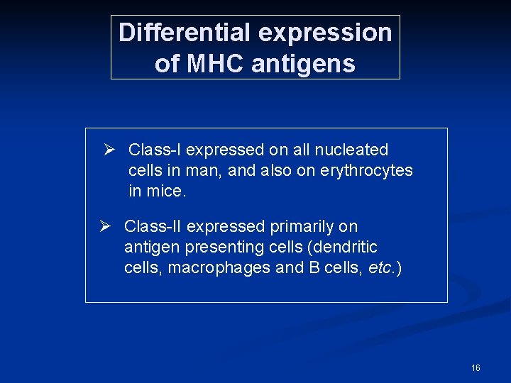 Differential expression of MHC antigens Ø Class-I expressed on all nucleated cells in man,