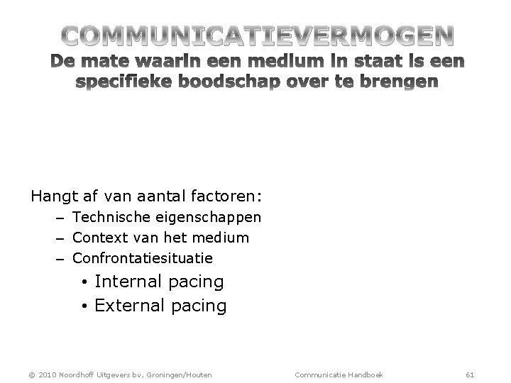 COMMUNICATIEVERMOGEN Hangt af van aantal factoren: – Technische eigenschappen – Context van het medium