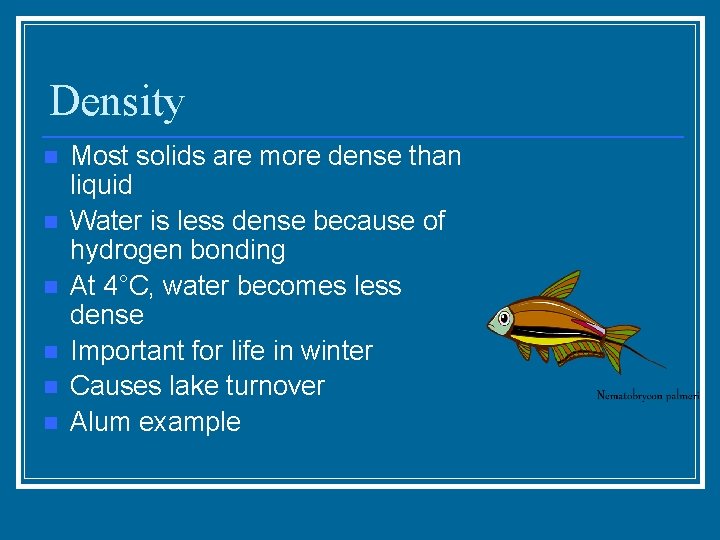 Density n n n Most solids are more dense than liquid Water is less