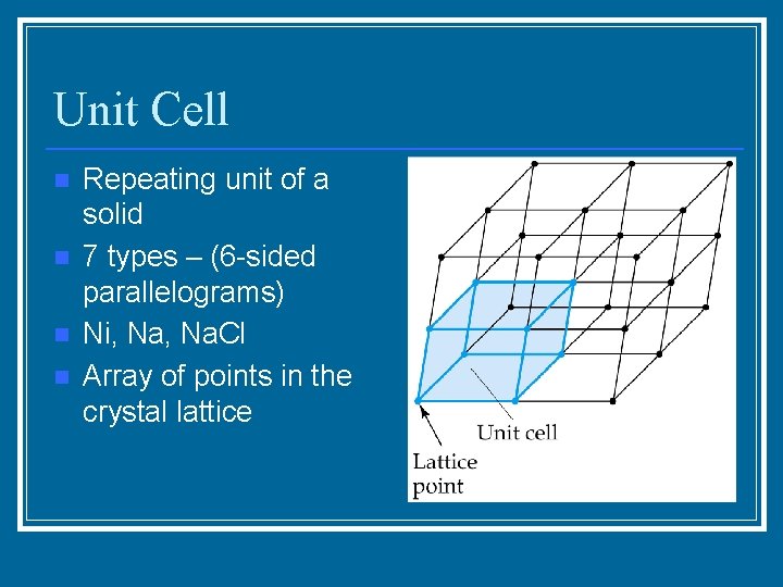 Unit Cell n n Repeating unit of a solid 7 types – (6 -sided