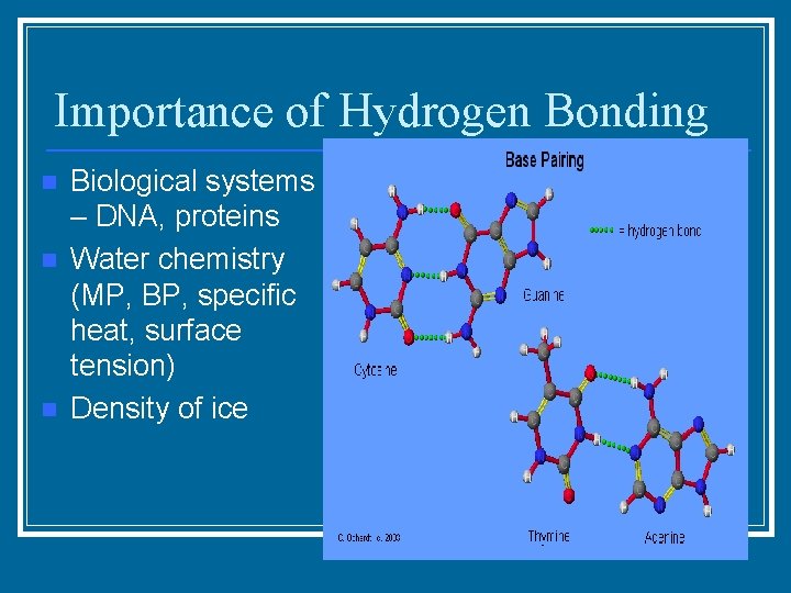 Importance of Hydrogen Bonding n n n Biological systems – DNA, proteins Water chemistry