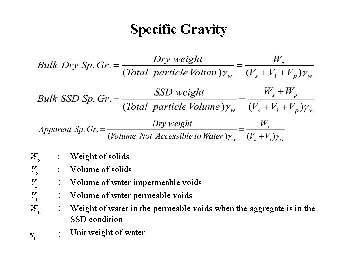 Specific Gravity Ws Vs Vi Vp Wp : : : gw : Weight of